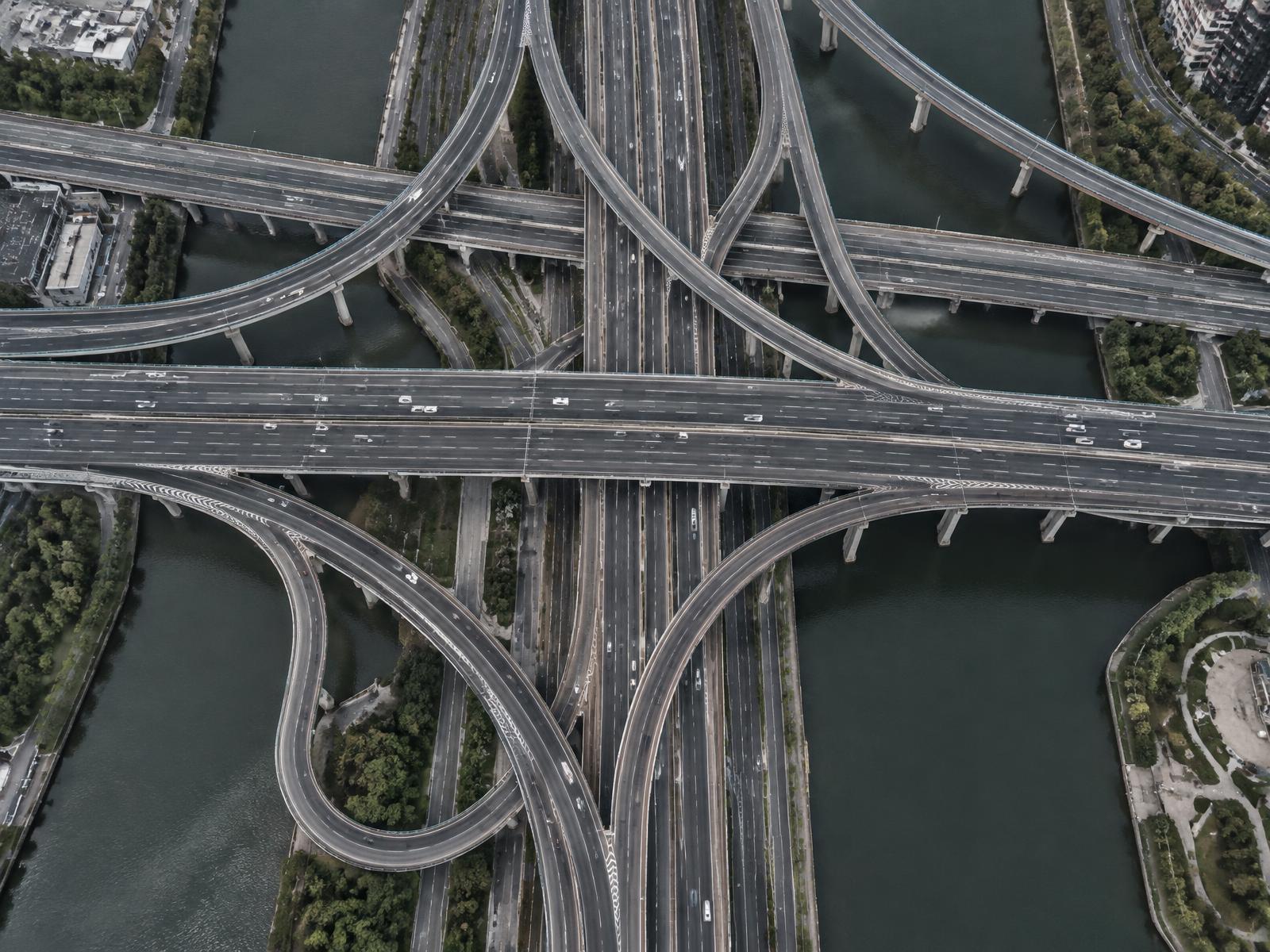 Aerial view of interconnected transportation infrastructure
